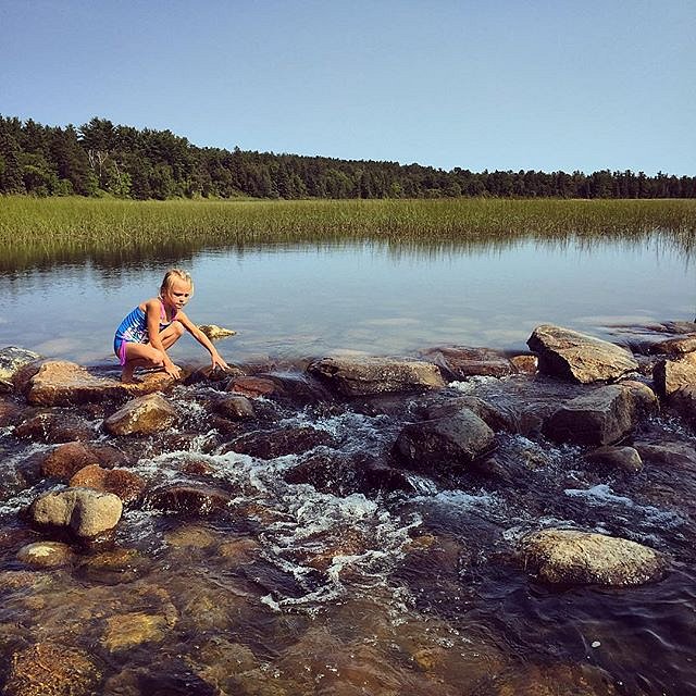 Day trip to Itasca State Park, headwaters of the mighty Mississippi River. A young girl kneels in the water at the start of the Mississippi River, 2552 winding miles away from where the river meets the Gulf of Mexico. 