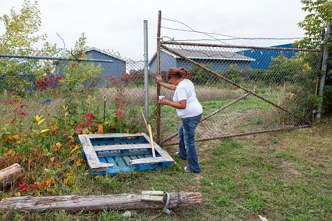Tara Ryan closes the gate to the medicine garden on the Red Lake Indian Reservation in northern Minnesota. <br>September 2017.