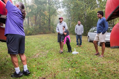 From left to right, Earl Fish from Onondaga Nation, Seth Ferguson from Tuscarora Nation, Olivia Elm from Onondaga Nation, Alan Lajeunesse Jr. from Red Lake Nation and Brennen Ferguson from Tuscarora Nation prepare to cultivate wild rice. <br>September 2017.