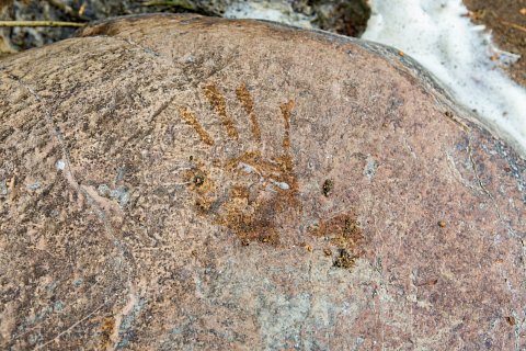 A handprint on the shores of Red Lake in northern Minnesota. <br>September 2017.
