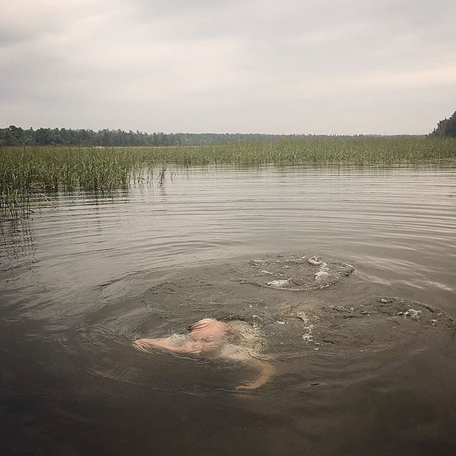 Errol swimming in Lake Itasca, the headwaters of the Mississippi River. And, a rare summer frame of the headwaters void of people. 