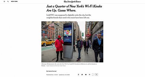 Just a Quarter of New York’s Wi-Fi Kiosks Are Up. Guess Where. <br> December 6, 2019