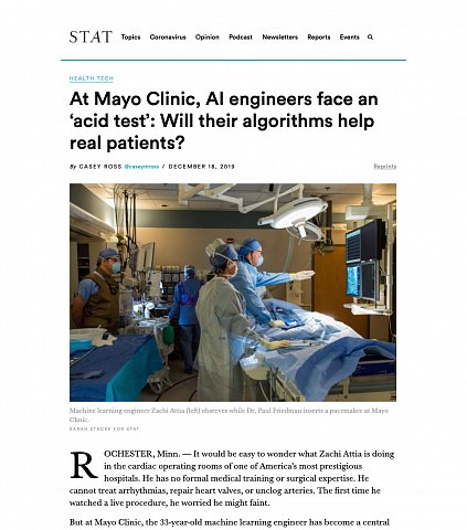 At Mayo Clinic, AI engineers face an ‘acid test’: Will their algorithms help real patients? <br> December 18, 2019